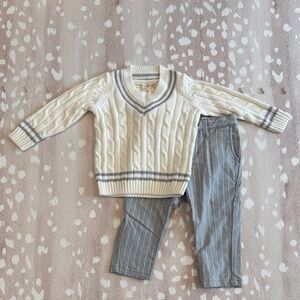 Hope & Henry Boys Outfit | Cable Cricket Sweater + Pinstripe Pants 18–24M